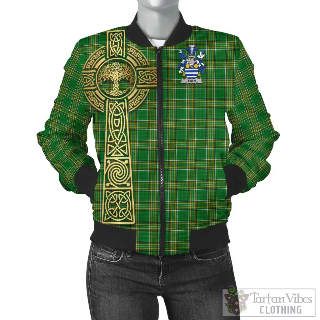 Aiken Irish Clan Tartan Bomber Jacket with Coat of Arms Celtic Tree of Life Style