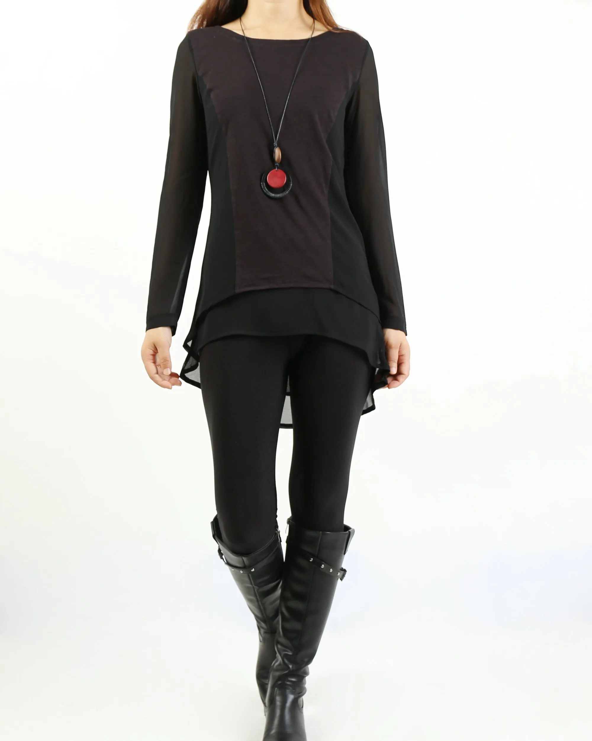 Asymmetrical t-shirt, Cotton and chiffon t-shirt, Long sleeve top, crew neck t-shirts, cotton top, patchwork t-shirt(Y1192)