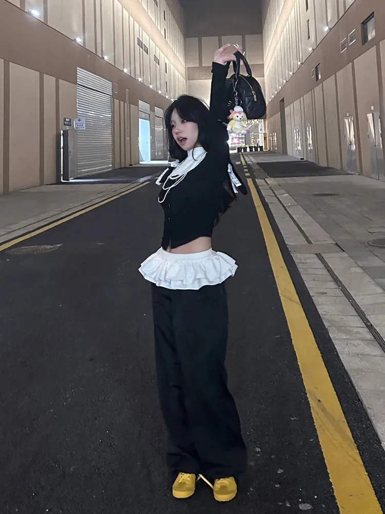 Back To School Sonicelife Ballet Skirt Patchwork Straight Pants Women High Street Design Elastic High Waist Sweatpants Korean Style Loose Trousers