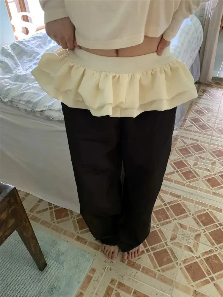 Back To School Sonicelife Ballet Skirt Patchwork Straight Pants Women High Street Design Elastic High Waist Sweatpants Korean Style Loose Trousers