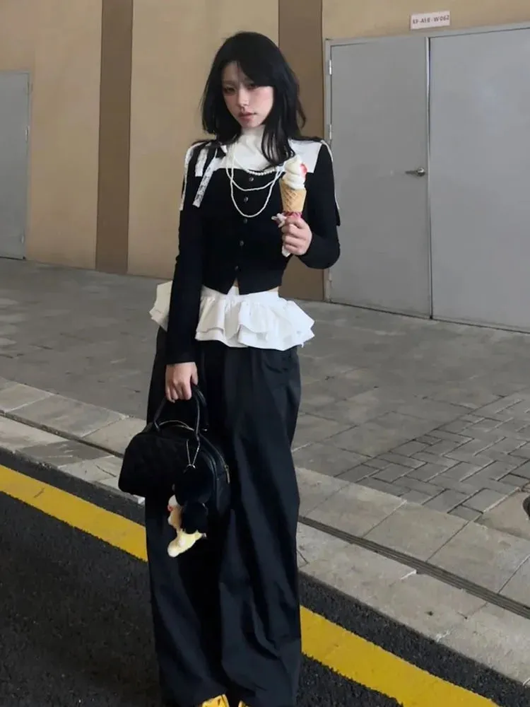 Back To School Sonicelife Ballet Skirt Patchwork Straight Pants Women High Street Design Elastic High Waist Sweatpants Korean Style Loose Trousers