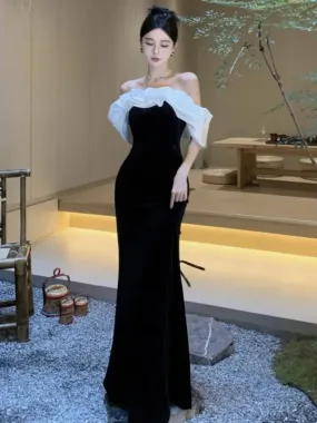 binfenxie Women Sexy Off Shoulder Party Dress New Slim Waist French Patchwork Elegant Lady Maxi Fashion Solid A-line Vestidos Mujers