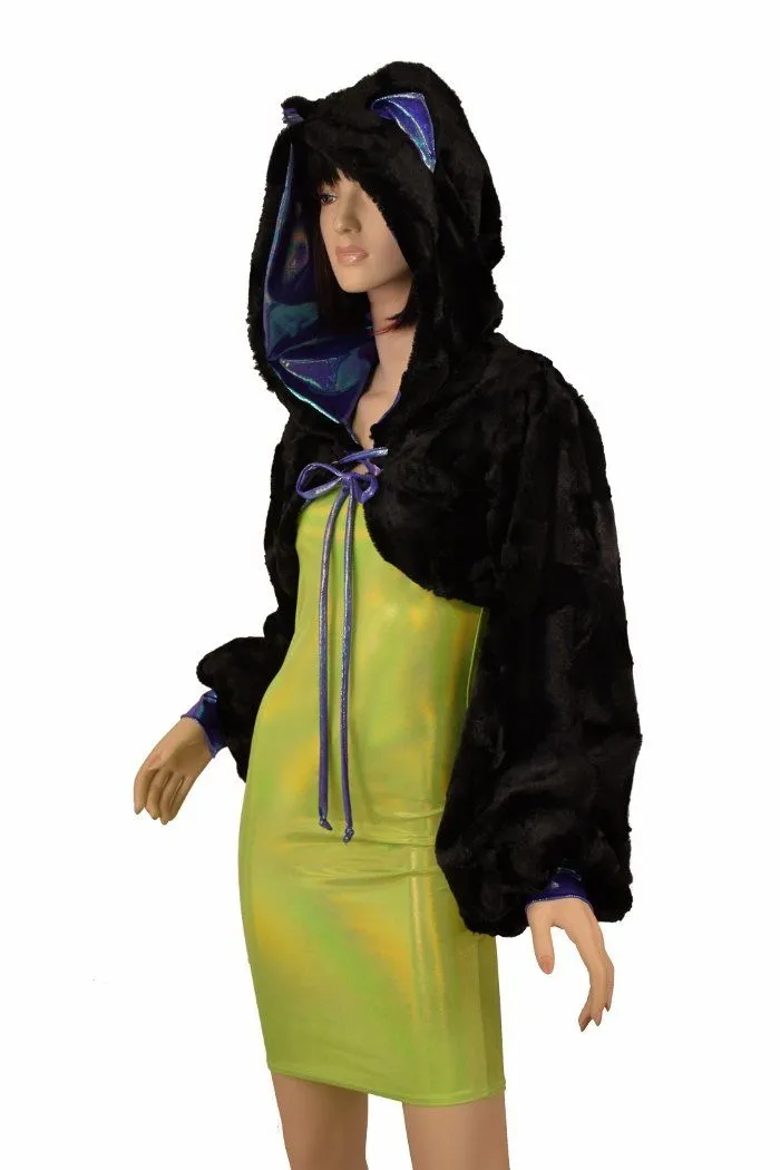 Black Balloon Sleeve Kitty Ear Minky Shrug