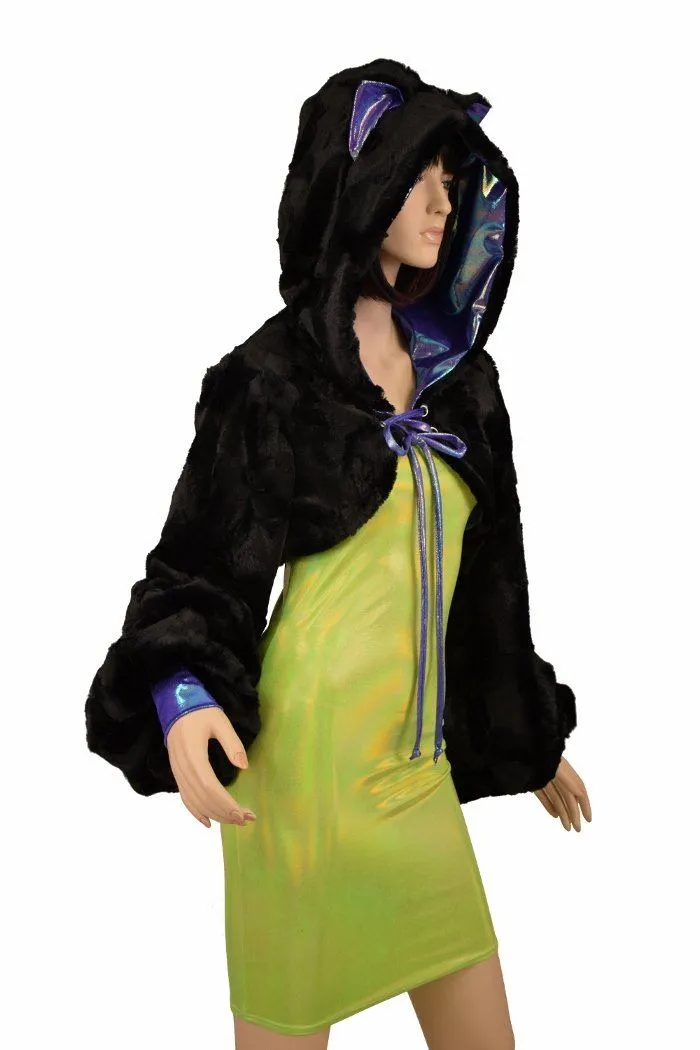 Black Balloon Sleeve Kitty Ear Minky Shrug