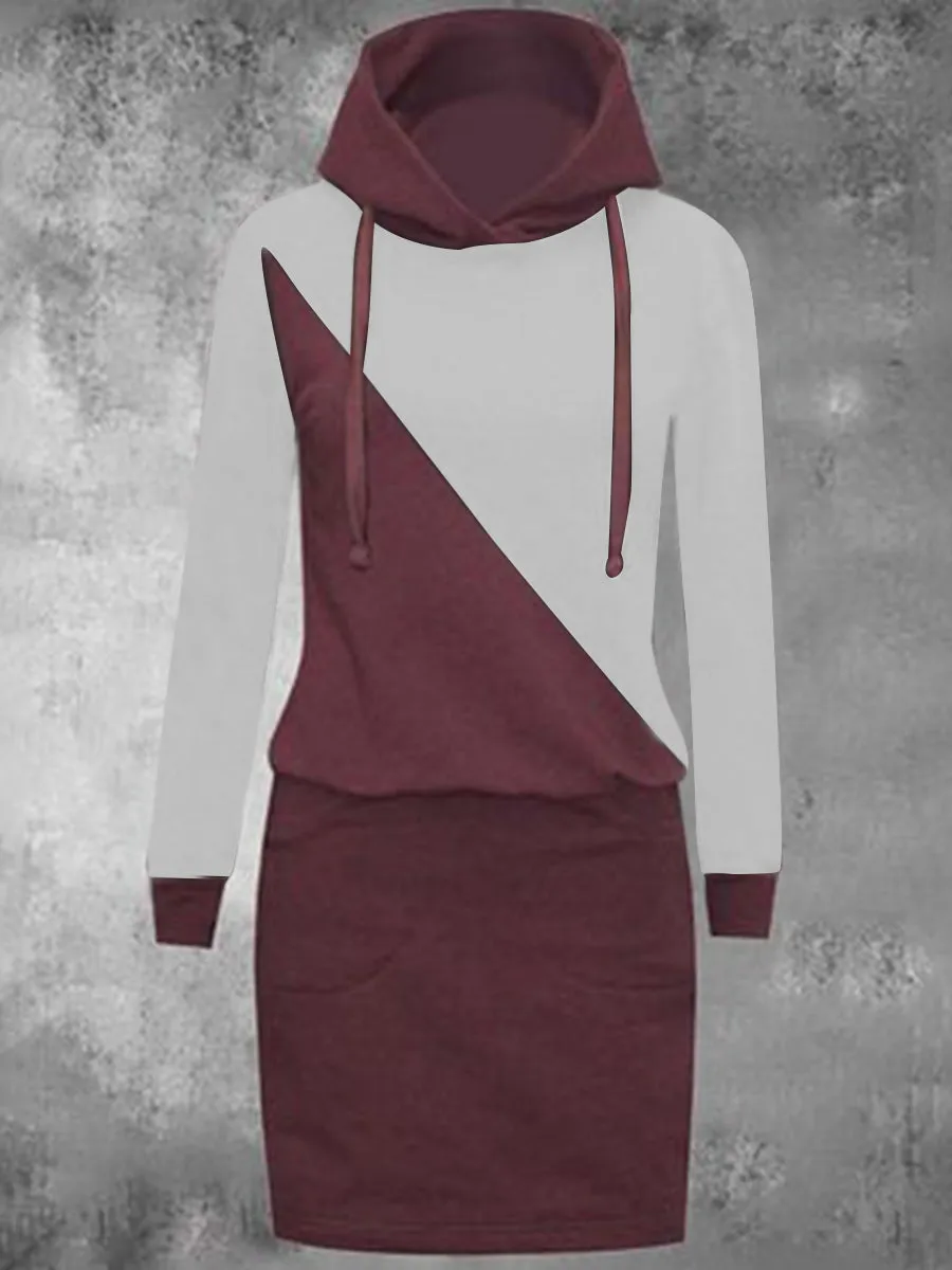 Casual Color Matching Hooded Women'S Sweater Dress