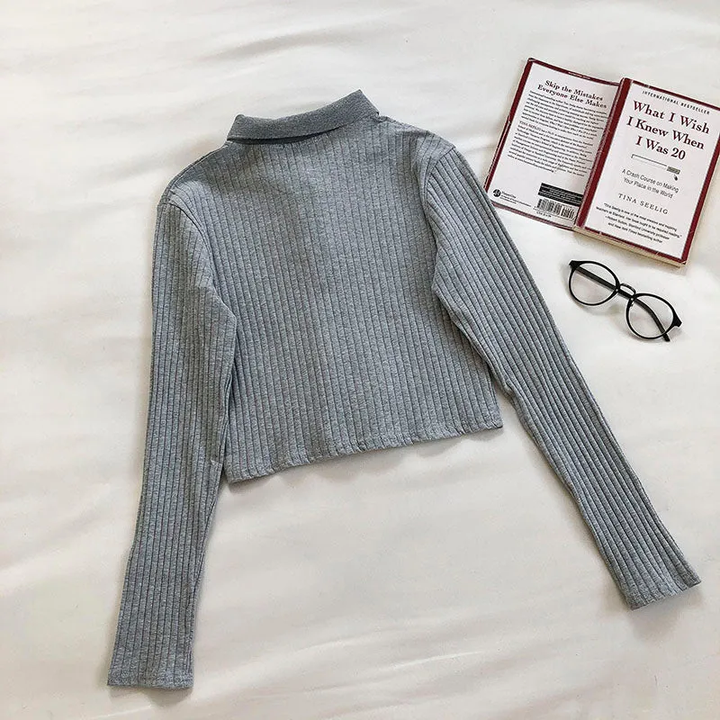 College Polo necktie knit slim long sleeve top  6447