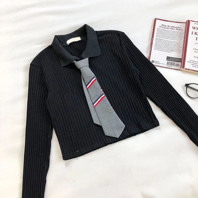 College Polo necktie knit slim long sleeve top  6447