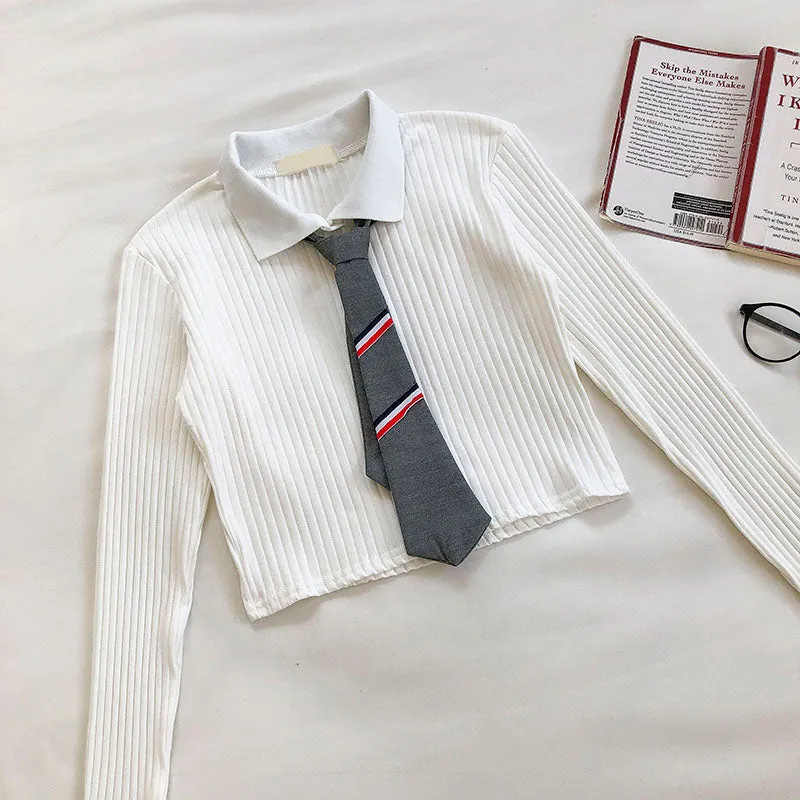 College Polo necktie knit slim long sleeve top  6447