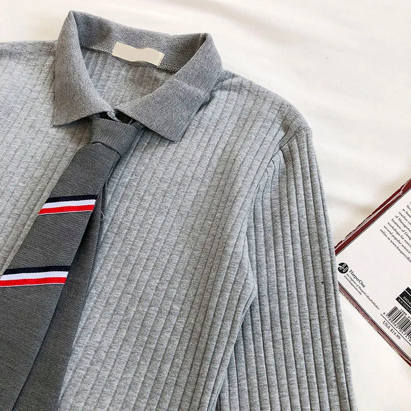 College Polo necktie knit slim long sleeve top  6447