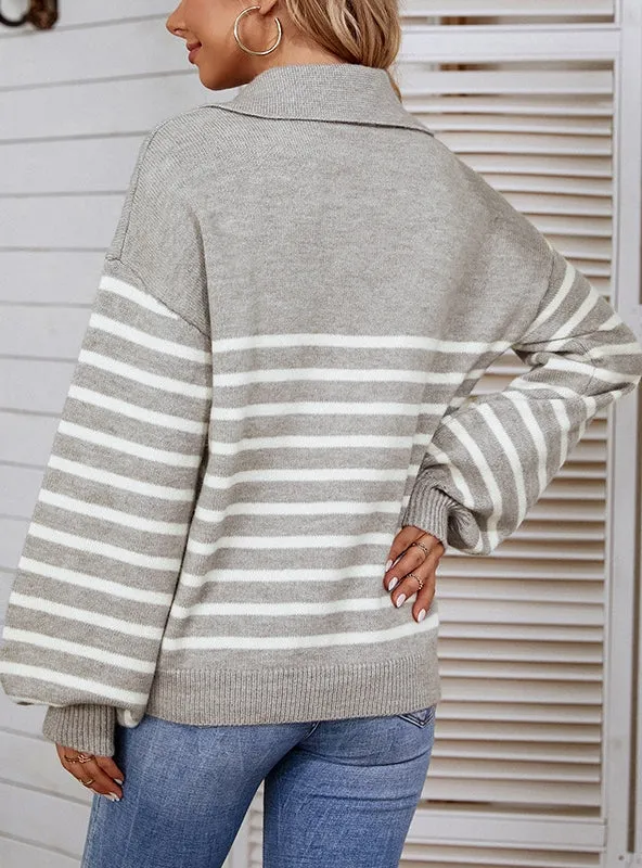 Color Matching Striped Lantern Sleeve Sweater