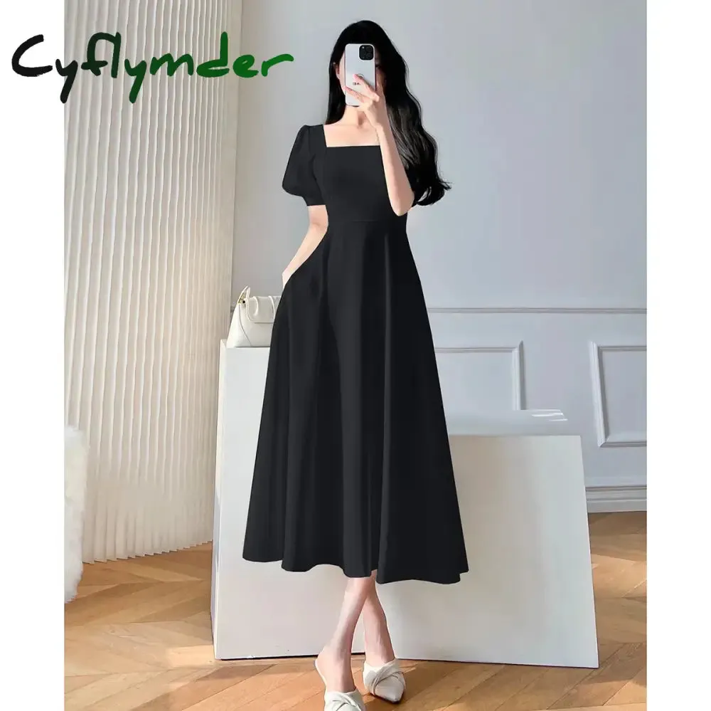 Cyflymder Vintage White Maxi Dresses for Women Party Prom Puff Sleeve Square Collar Temperament Bodycon Long Midi Dress Summer Clothing