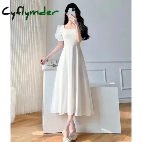 Cyflymder Vintage White Maxi Dresses for Women Party Prom Puff Sleeve Square Collar Temperament Bodycon Long Midi Dress Summer Clothing