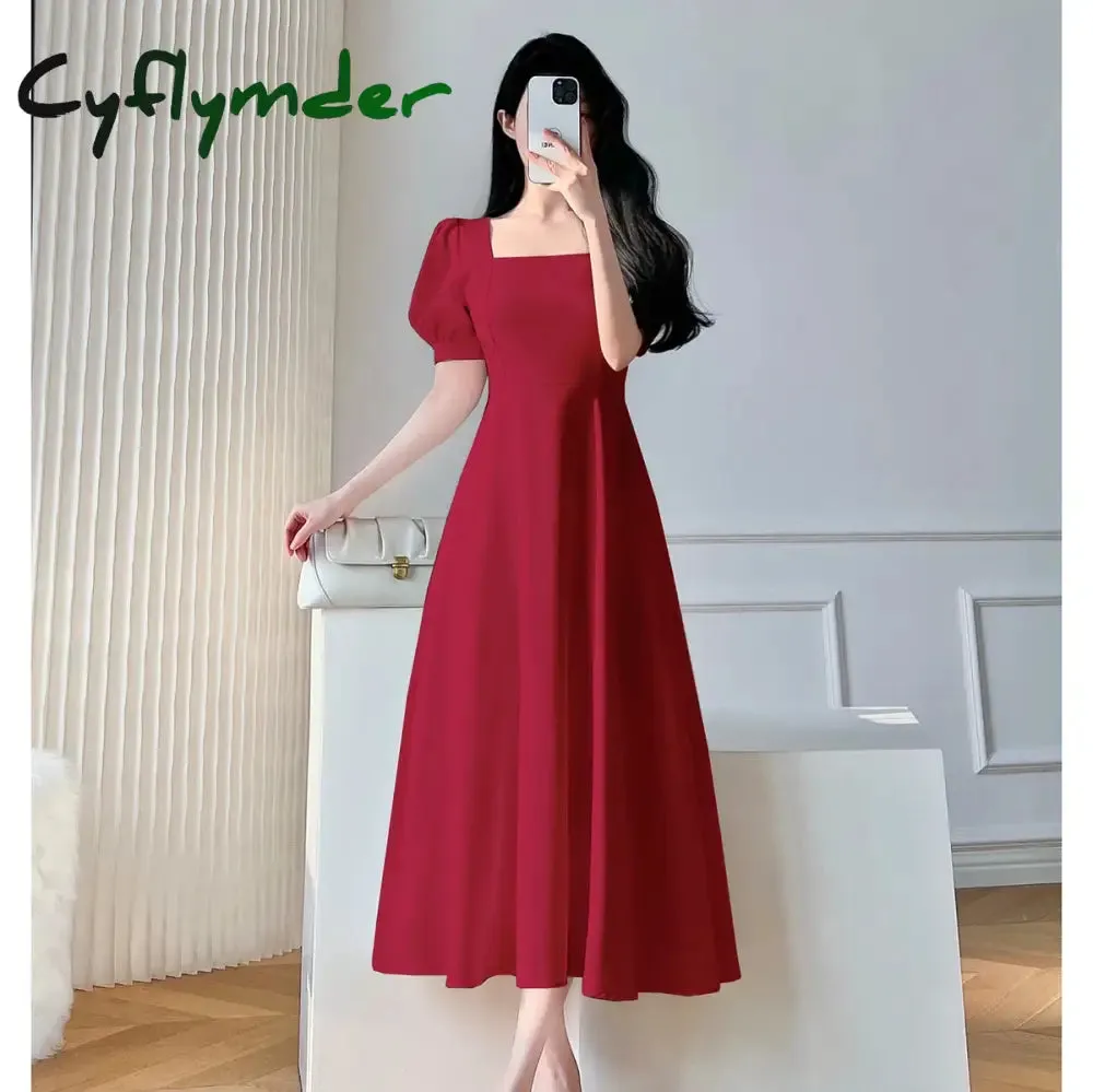 Cyflymder Vintage White Maxi Dresses for Women Party Prom Puff Sleeve Square Collar Temperament Bodycon Long Midi Dress Summer Clothing