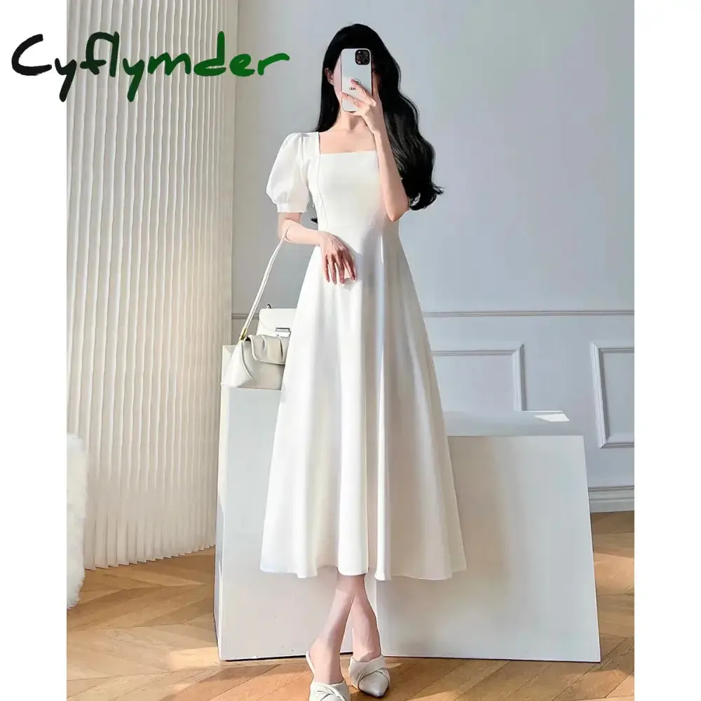 Cyflymder Vintage White Maxi Dresses for Women Party Prom Puff Sleeve Square Collar Temperament Bodycon Long Midi Dress Summer Clothing
