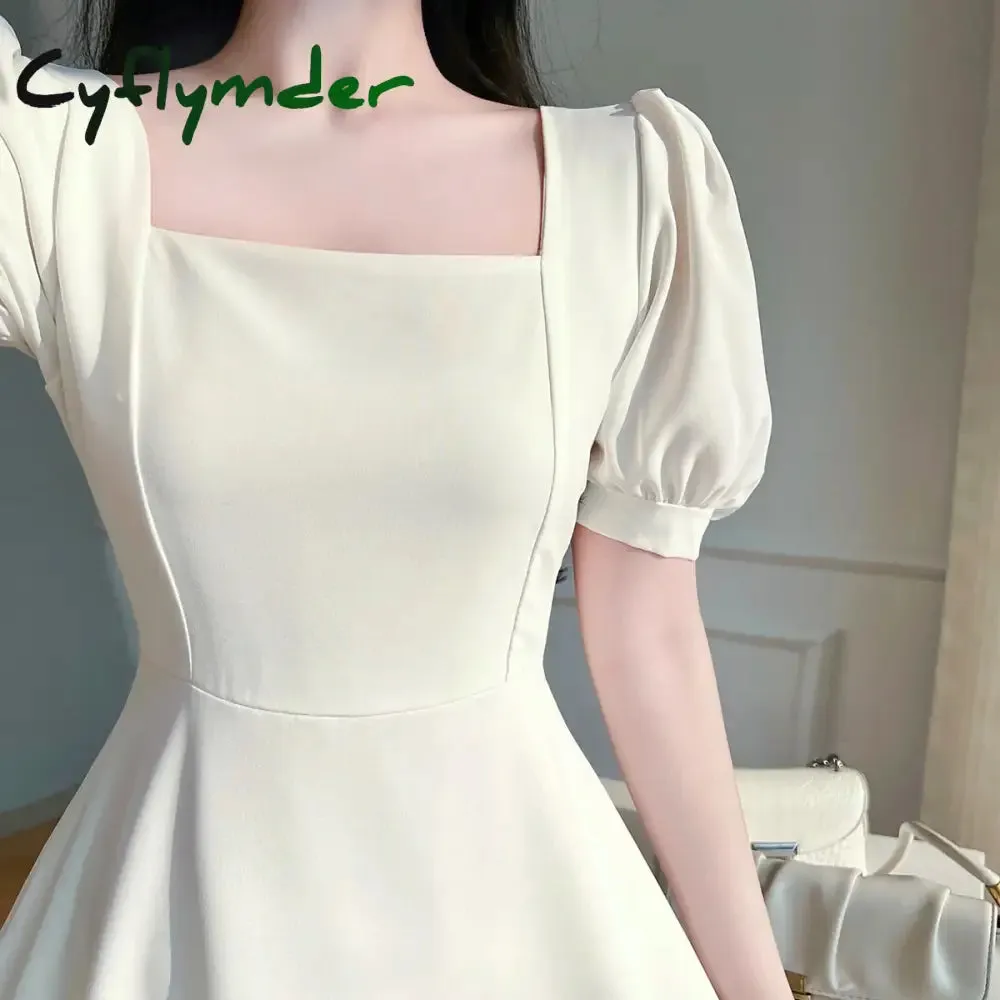 Cyflymder Vintage White Maxi Dresses for Women Party Prom Puff Sleeve Square Collar Temperament Bodycon Long Midi Dress Summer Clothing
