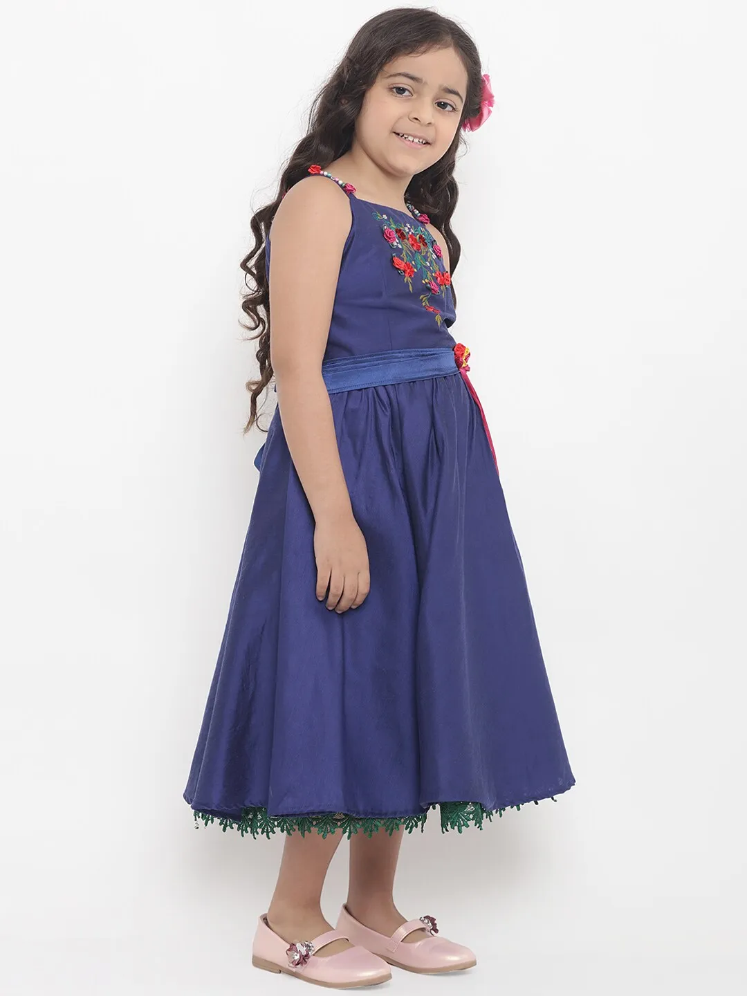 Girl's Blue Embellished Fit And Flare Dress  - NOZ2TOZ KIDS