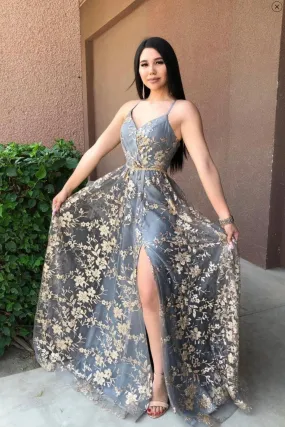 Gray Tulle Sequins Long Prom Dress, A-Line Backless Evening Dress