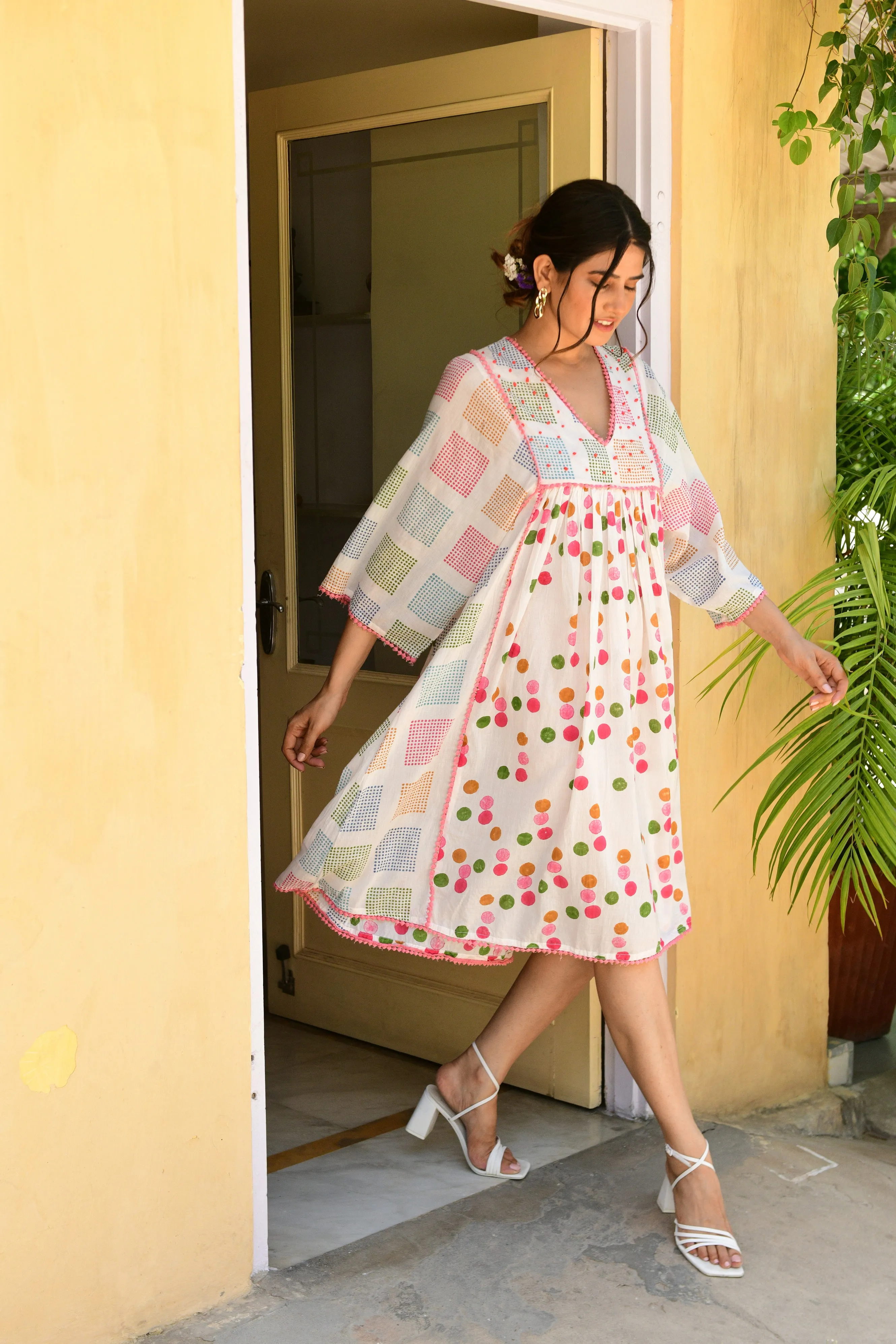 Hand-block Printed Multicolor Cotton V-Neck Dress