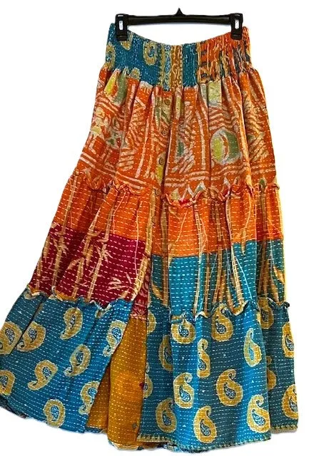 Kantha Bae Patchwork Monarch Maxi Skirt, Mixed Print.  Orange