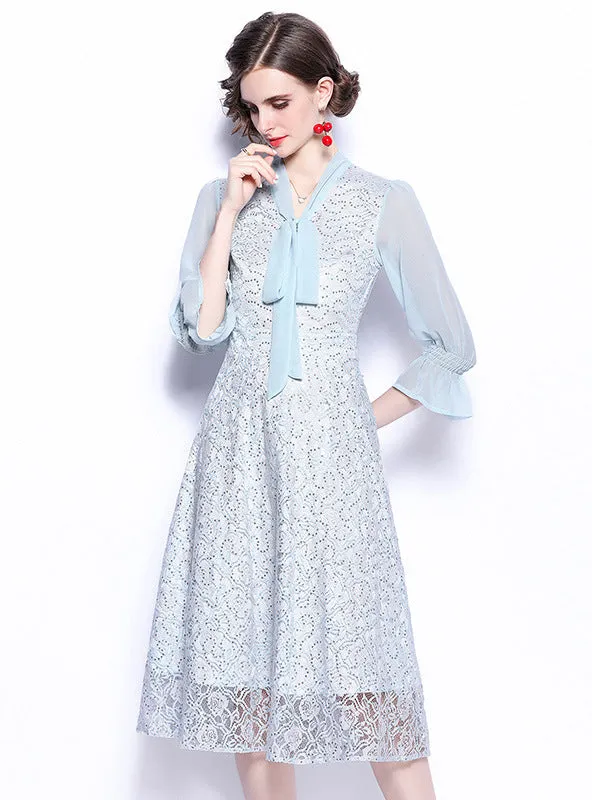 Lace Chiffon Stitching Slim Bow Dress