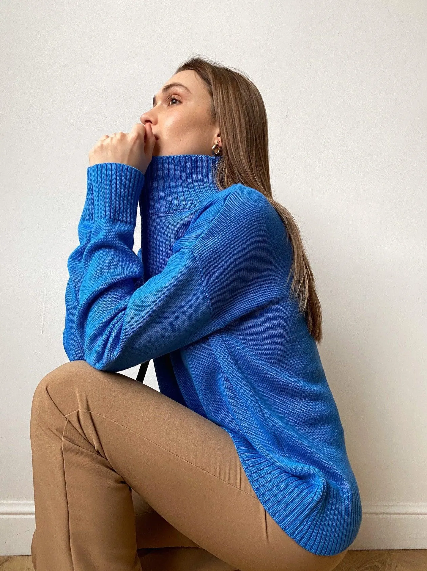 Ladies Solid Color Turtleneck Knit Sweater W003
