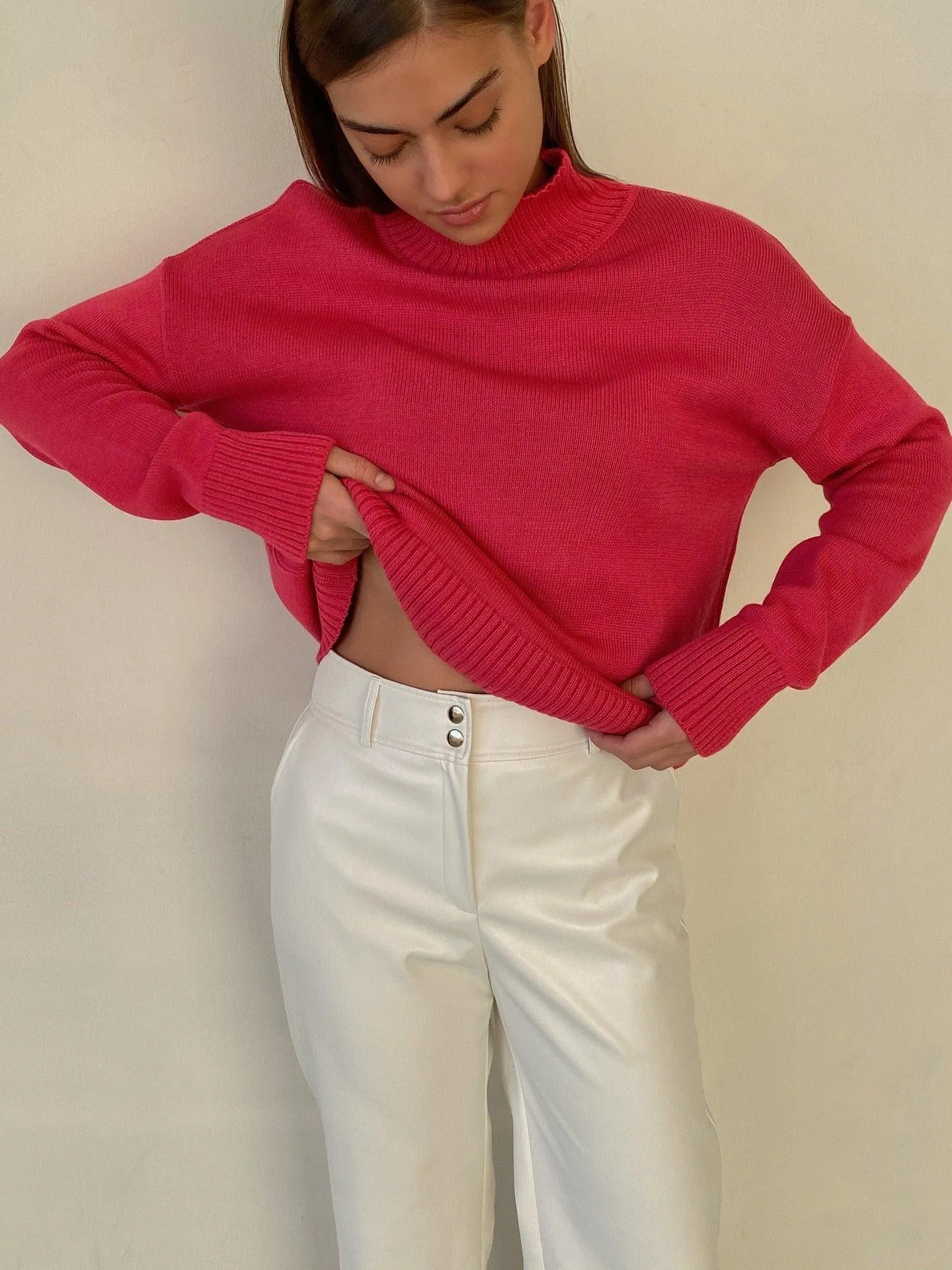 Ladies Solid Color Turtleneck Knit Sweater W003