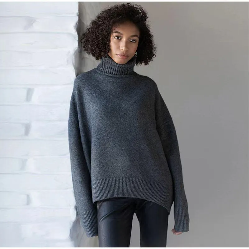 Ladies Solid Color Turtleneck Knit Sweater W003