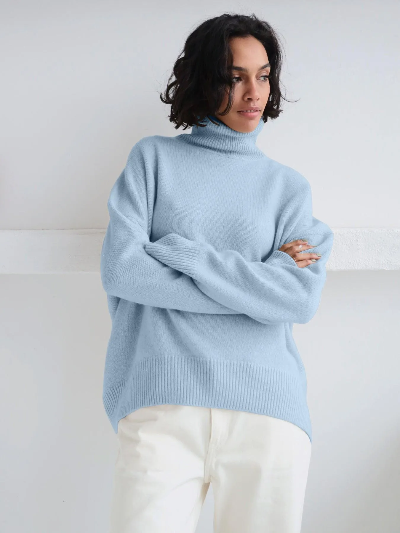 Ladies Solid Color Turtleneck Knit Sweater W003