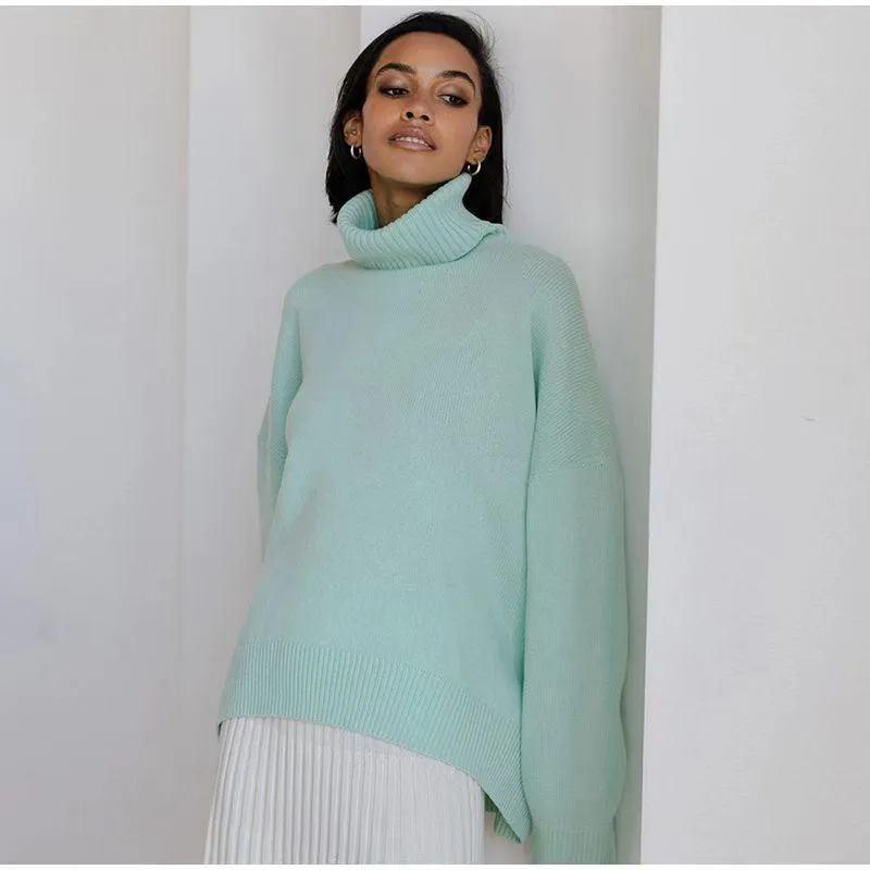 Ladies Solid Color Turtleneck Knit Sweater W003