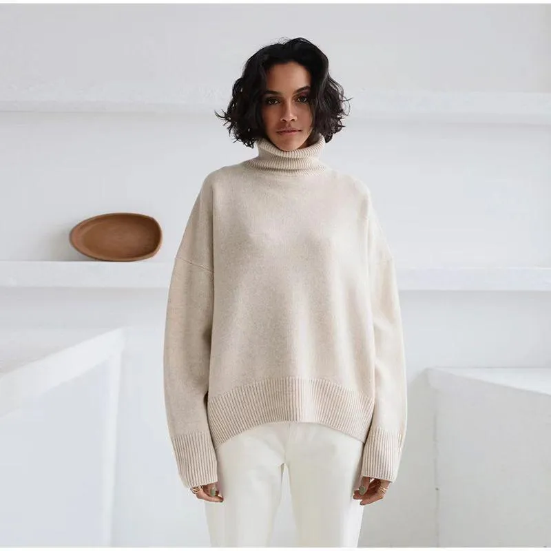 Ladies Solid Color Turtleneck Knit Sweater W003