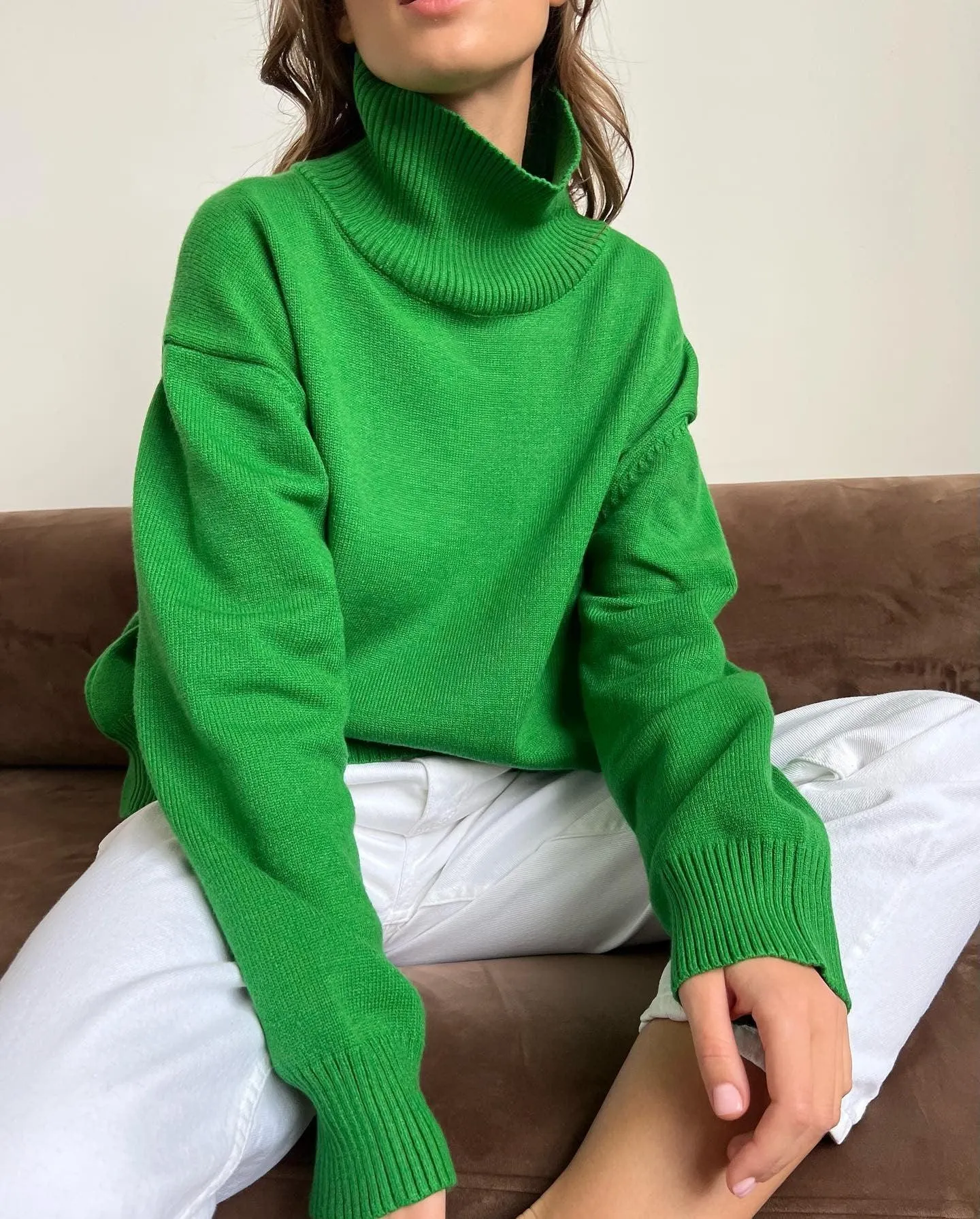 Ladies Solid Color Turtleneck Knit Sweater W003