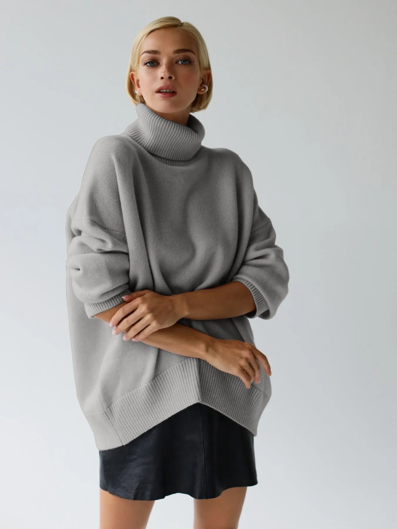 Ladies Solid Color Turtleneck Knit Sweater W003