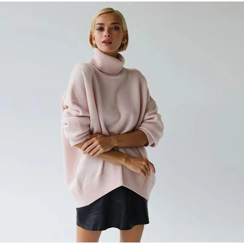 Ladies Solid Color Turtleneck Knit Sweater W003