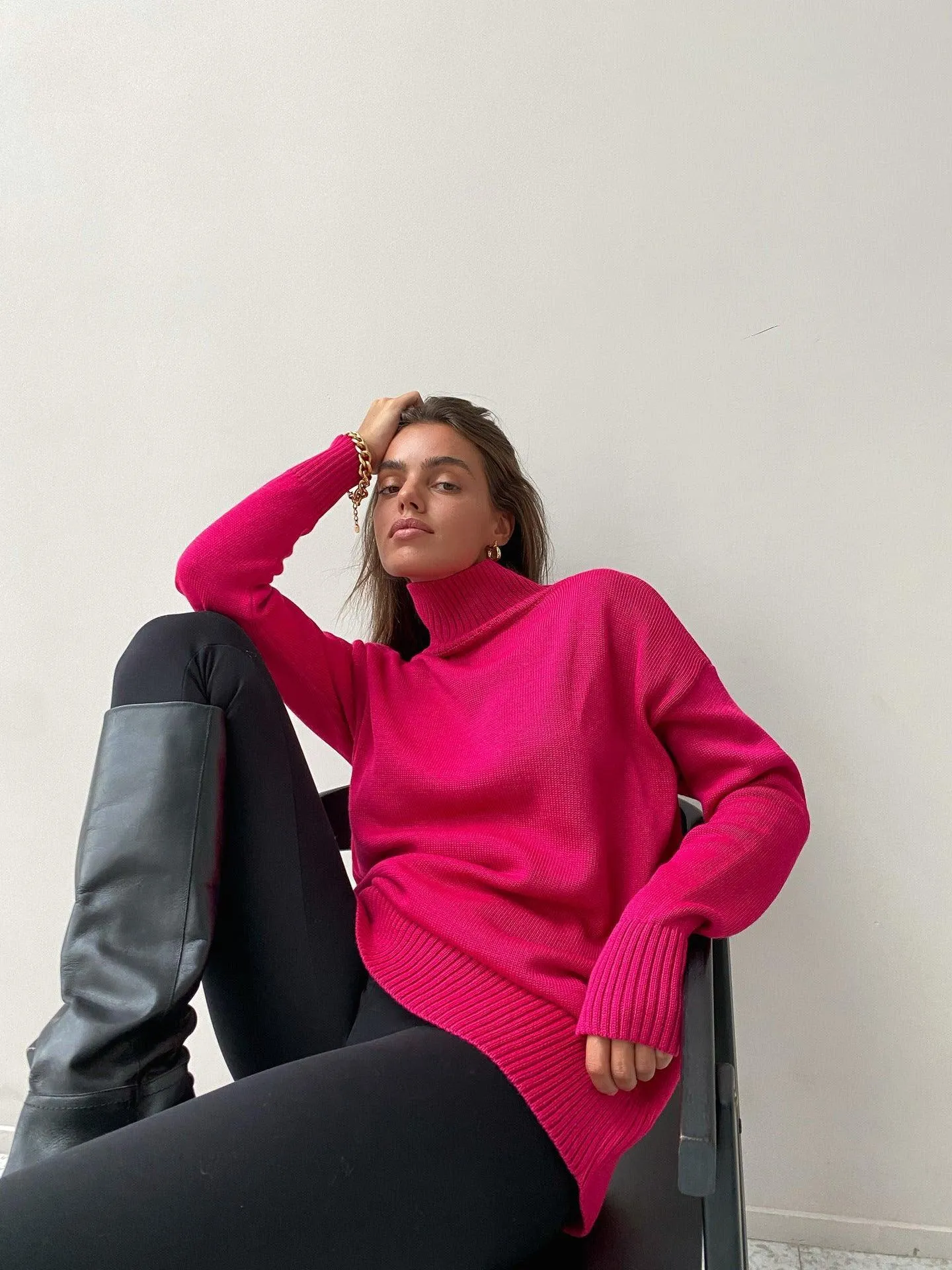 Ladies Solid Color Turtleneck Knit Sweater W003