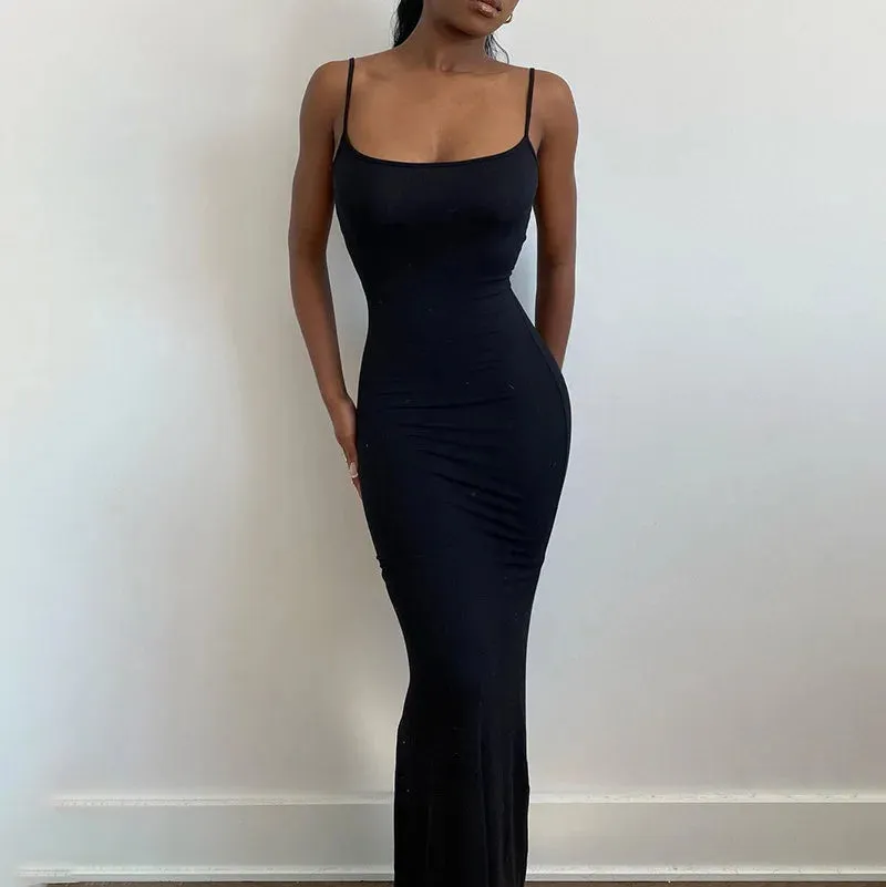 LANFUBEISI 2024 Summer Dresses For Women Sexy Spaghetti Strap Black Long Dress Y2k Sleeveless Solid Skinny Bodycon Trumpet Maxi Vestidos