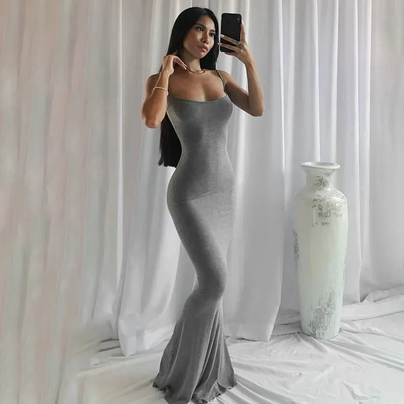 LANFUBEISI 2024 Summer Dresses For Women Sexy Spaghetti Strap Black Long Dress Y2k Sleeveless Solid Skinny Bodycon Trumpet Maxi Vestidos