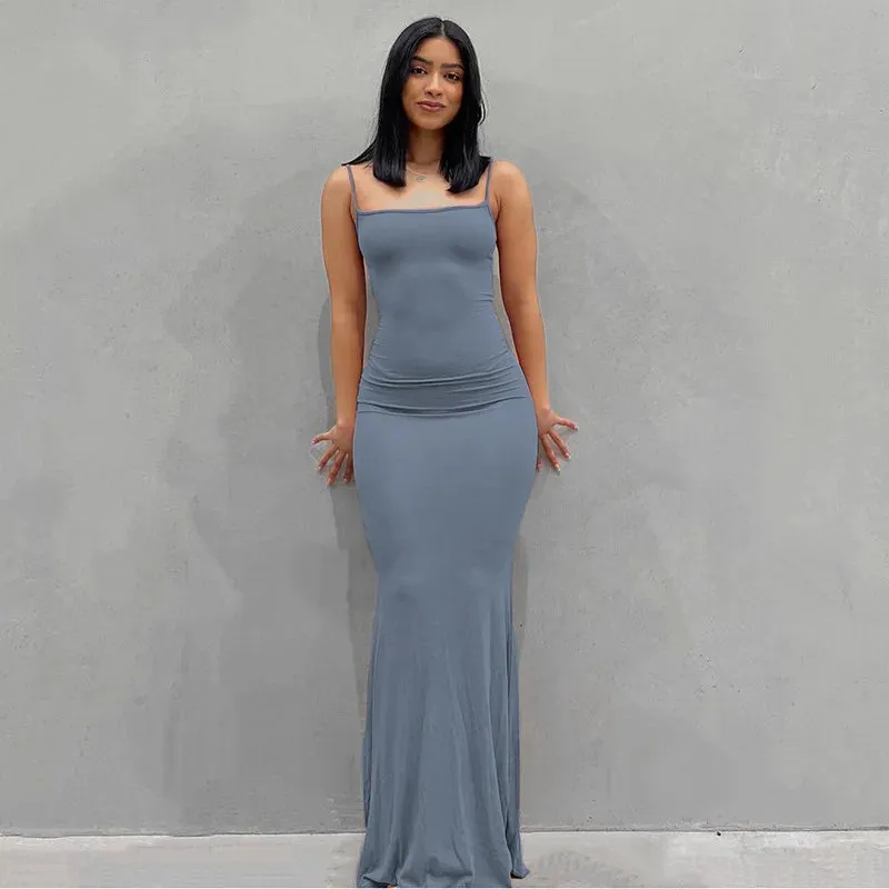 LANFUBEISI 2024 Summer Dresses For Women Sexy Spaghetti Strap Black Long Dress Y2k Sleeveless Solid Skinny Bodycon Trumpet Maxi Vestidos