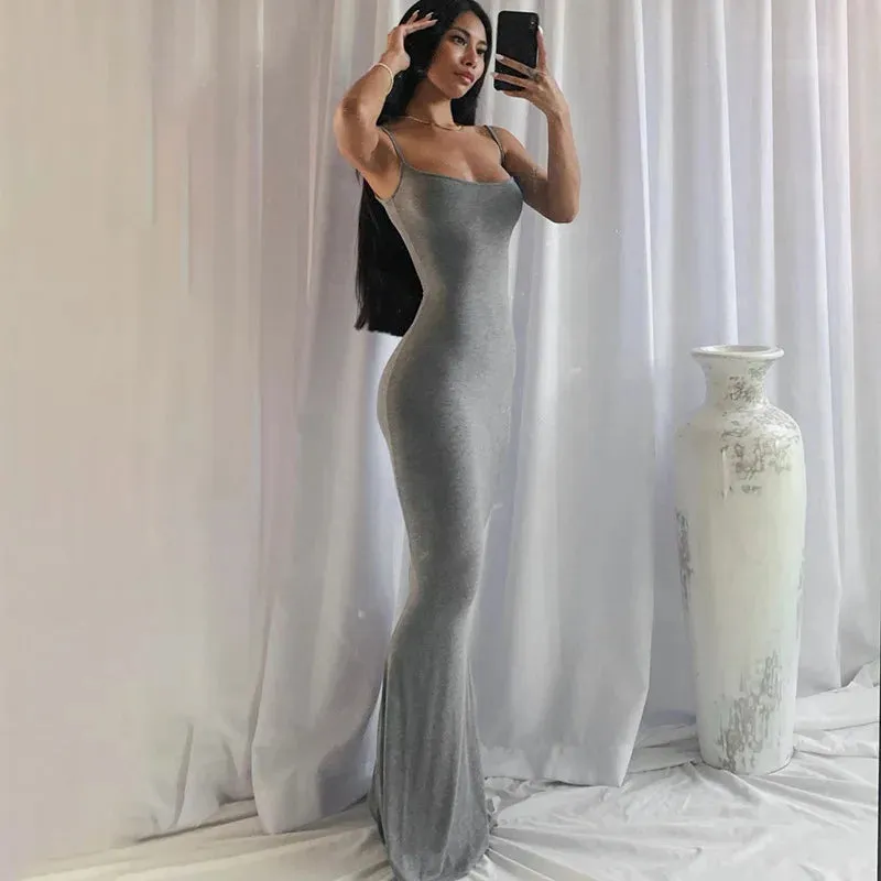 LANFUBEISI 2024 Summer Dresses For Women Sexy Spaghetti Strap Black Long Dress Y2k Sleeveless Solid Skinny Bodycon Trumpet Maxi Vestidos
