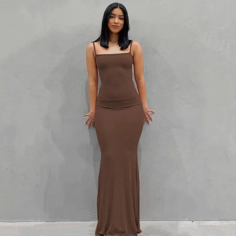 LANFUBEISI 2024 Summer Dresses For Women Sexy Spaghetti Strap Black Long Dress Y2k Sleeveless Solid Skinny Bodycon Trumpet Maxi Vestidos