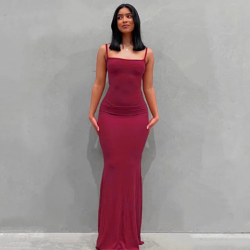 LANFUBEISI 2024 Summer Dresses For Women Sexy Spaghetti Strap Black Long Dress Y2k Sleeveless Solid Skinny Bodycon Trumpet Maxi Vestidos