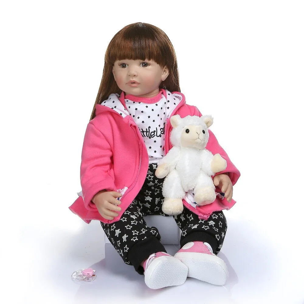 NPK 60CM high quality soft silicone reborn toddler girl doll in hoodie dress bebe doll reborn long hair doll 6-9M real baby size