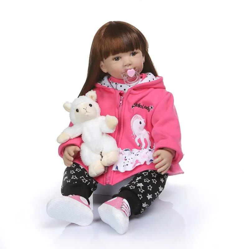 NPK 60CM high quality soft silicone reborn toddler girl doll in hoodie dress bebe doll reborn long hair doll 6-9M real baby size