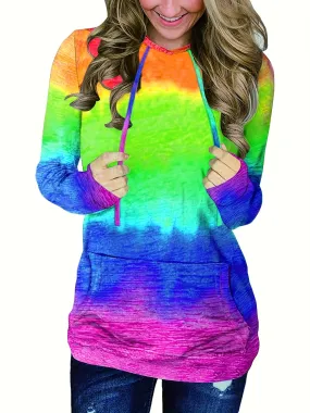 Ombre Kangaroo Pocket Hoodie, Casual Long Sleeve Drawstring Hoodies Sweatshirt, Women's Clothing