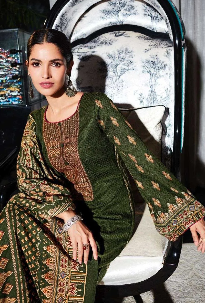 Pashmina Unstitched Green Winter Suits Set with Neck Embroidery