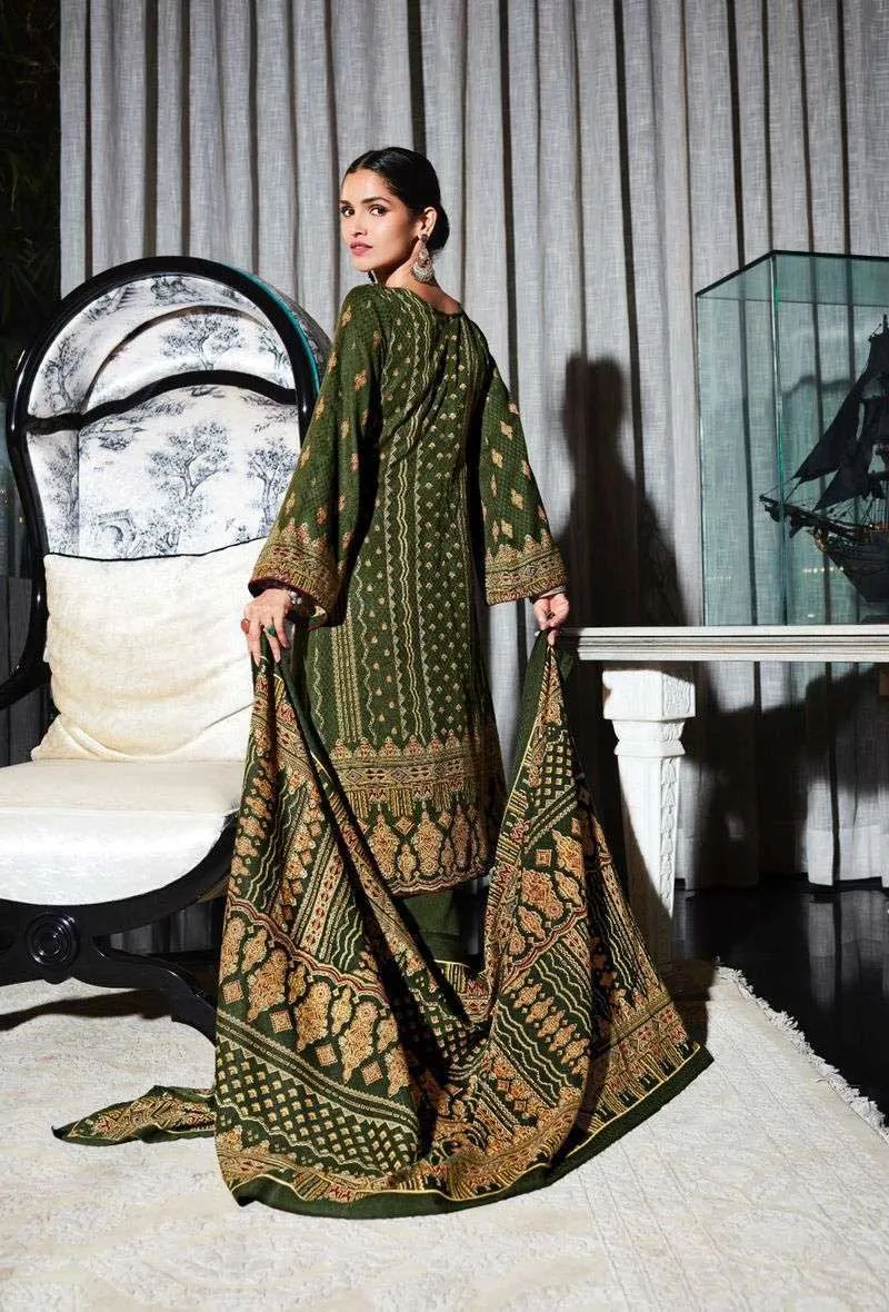 Pashmina Unstitched Green Winter Suits Set with Neck Embroidery