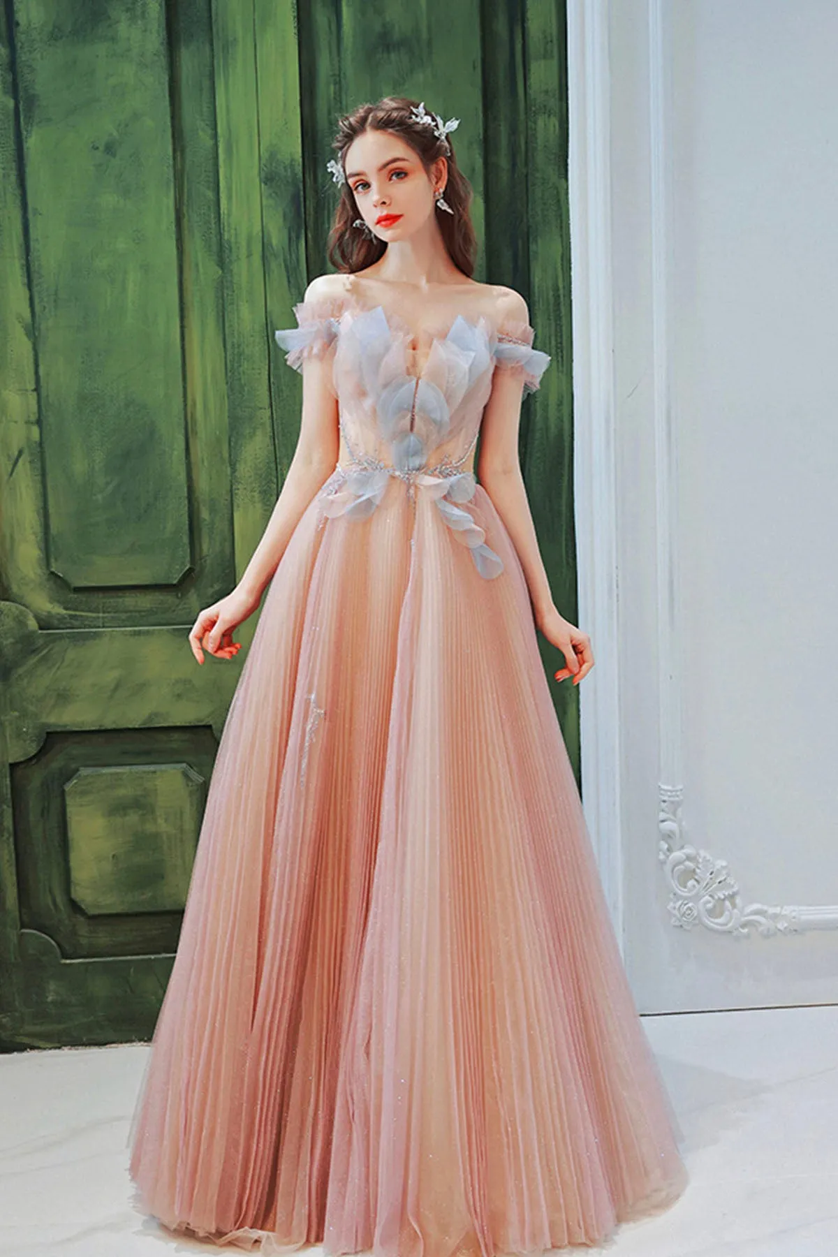Pink Off the Shoulder Tulle Long Party Dress, Cute A-Line Prom Dress