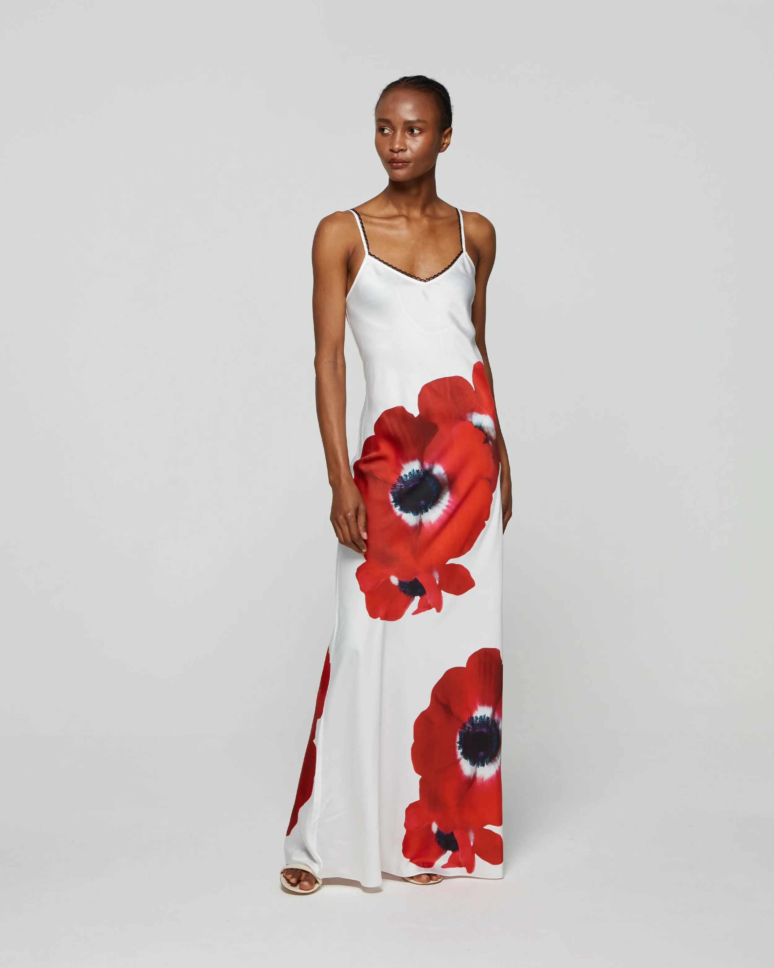 Printed Poppy Slip Dress - White/Red