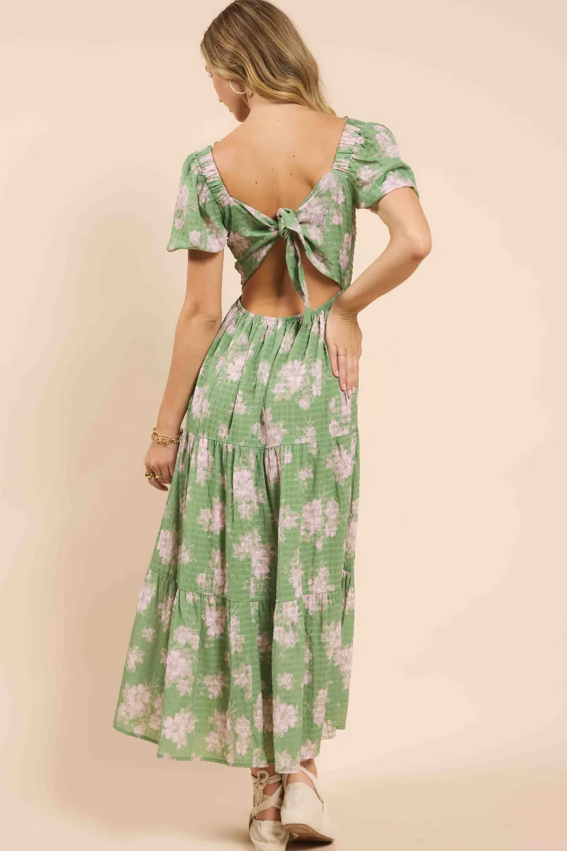 Rainy Days Tiered Maxi Dress with Back Tie - Green Multi