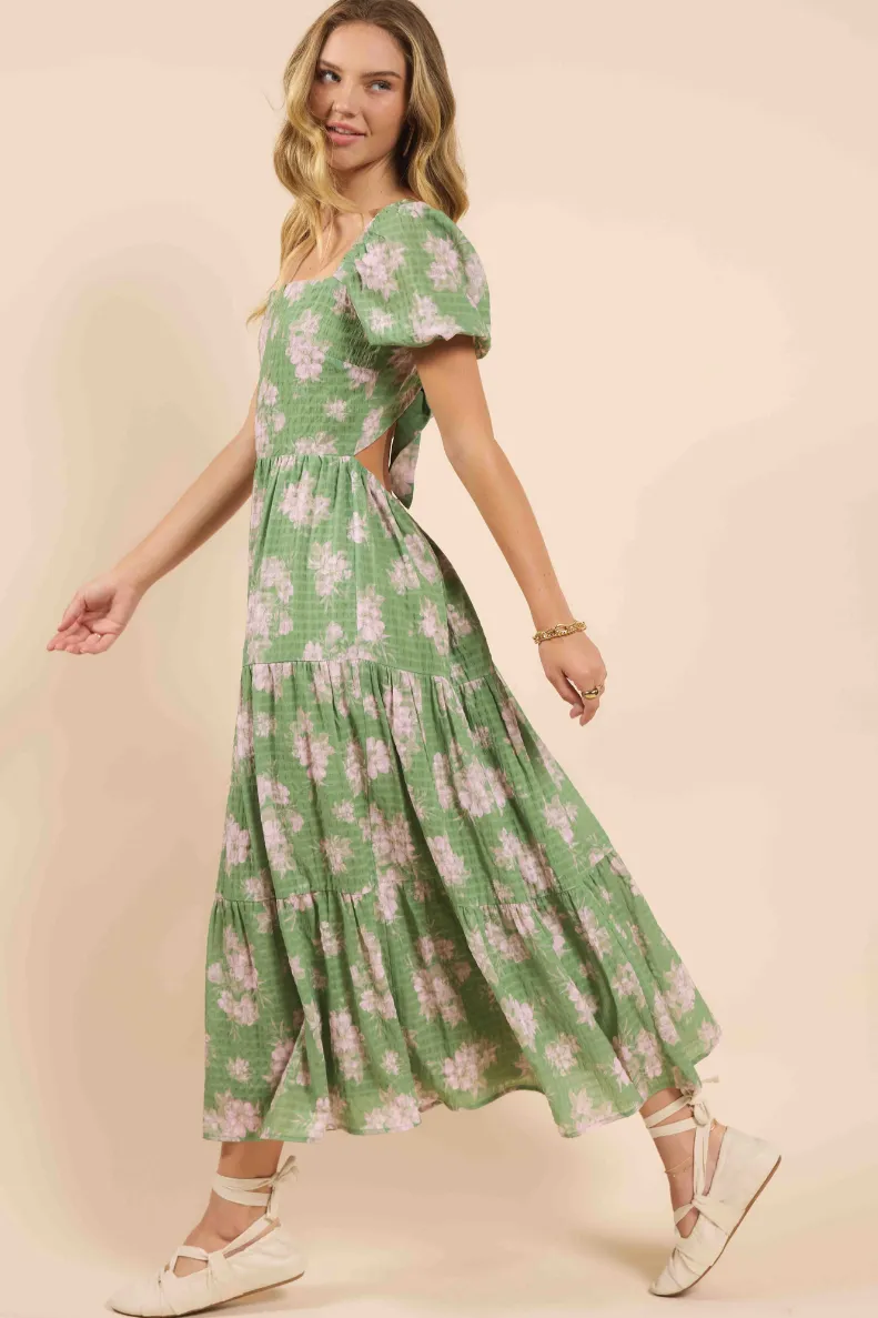 Rainy Days Tiered Maxi Dress with Back Tie - Green Multi