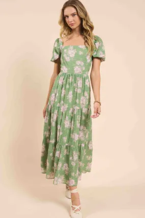 Rainy Days Tiered Maxi Dress with Back Tie - Green Multi
